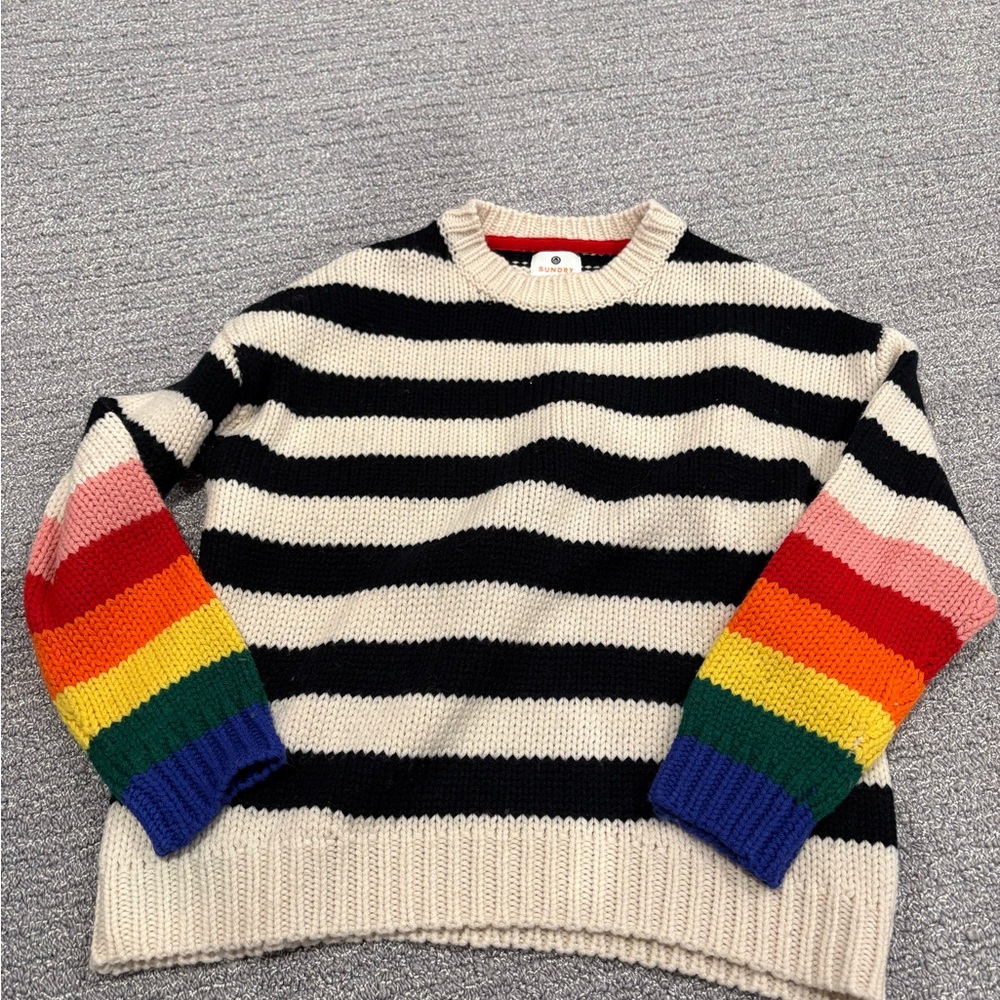 Striped Sweater with Rainbow Sleeves
